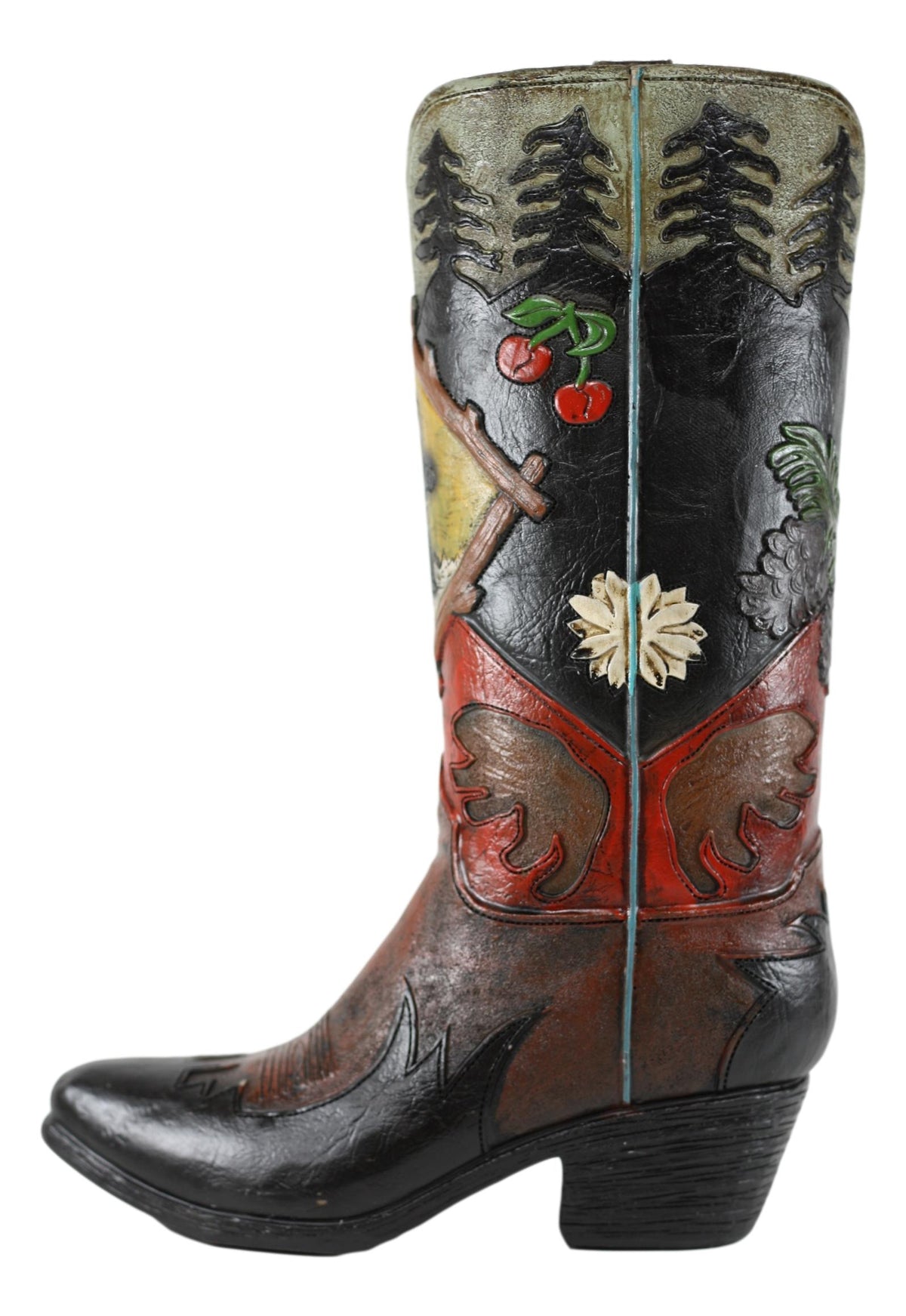 Rustic Country Black Bear Pine Trees Cherries Cowboy Boot Vase Planter Figurine