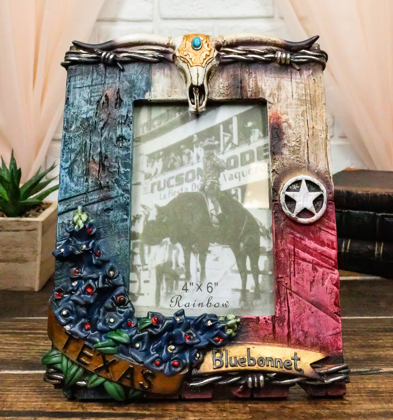 Rustic Western Star Texas Flag Longhorn Skull Bluebonnet 4X6 Picture Photo Frame