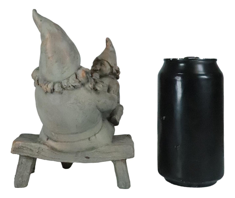 Family Bonding Papa Gnome With Baby Gnome Sitting On Wooden Stool Garden Statue