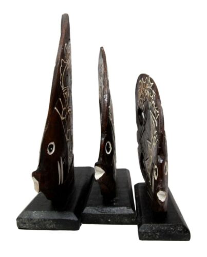 Balinese Wood Handicrafts Tropical Crown Angel Fish Family Set of 3 Figurines
