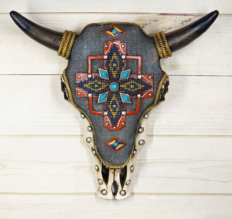 12" W Western Bejeweled Bull Bison Cow Skull With Denim Finish Wall Decor Plaque