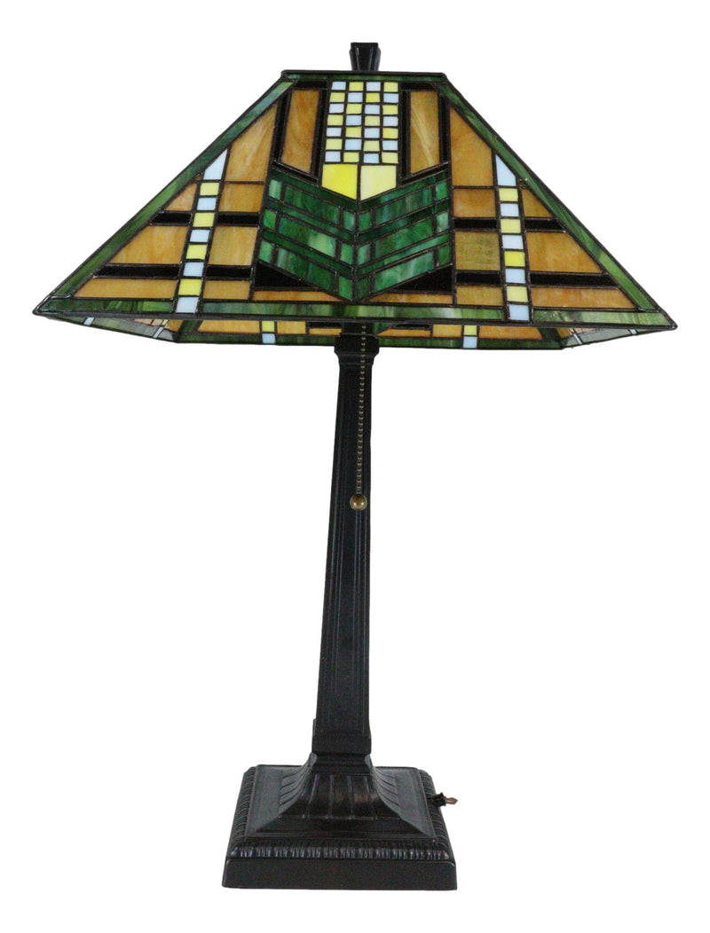 Louis Comfort Tiffany Mission Style Geometric Green Arrow Glass Shade Table Lamp