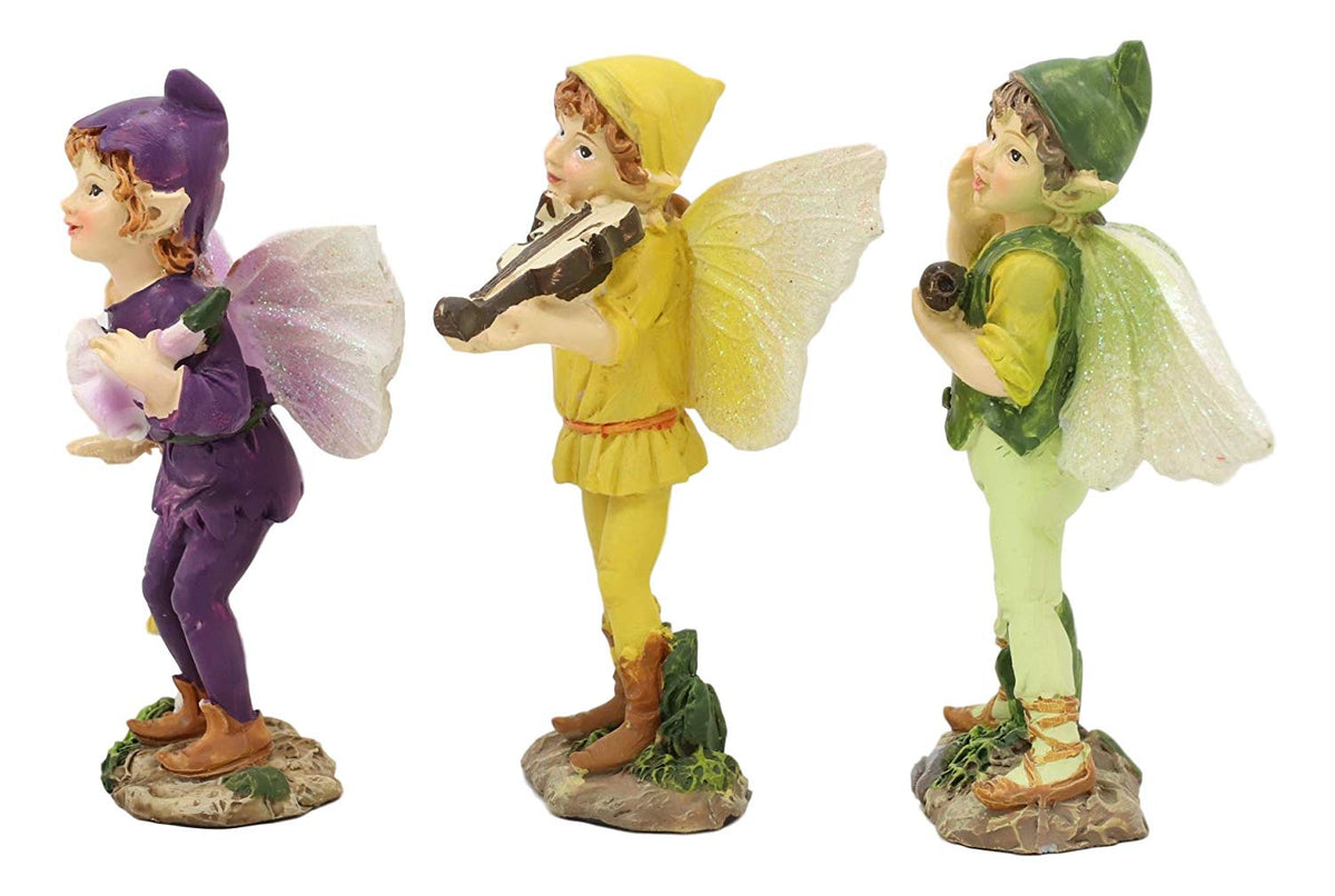 Ebros Set of 3 Fairy Garden Boy Fairies in Morning Violin Serenade Figurines 4"H - Ebros Gift