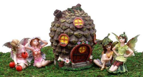 Fairy Garden Miniatures Starter Kit Pine Cone Cottage With 4 Fairy Figurines Set - Ebros Gift