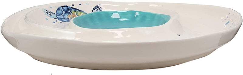 Ebros Blue And White Sea Turtle Ceramic Dinnerware (Chips & Salsa Plate, 1)