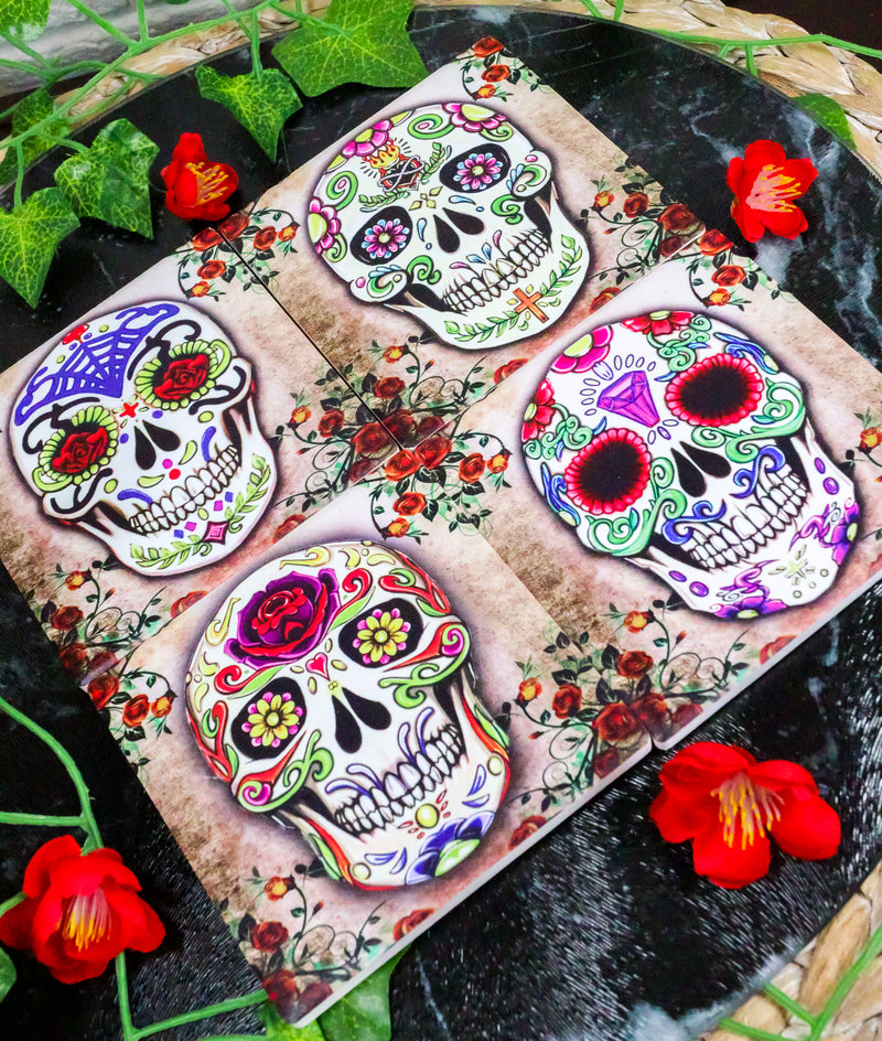 Ebros Fancy Sugar Skulls Day Of The Dead Ceramic Coaster Set of 4 Tiles