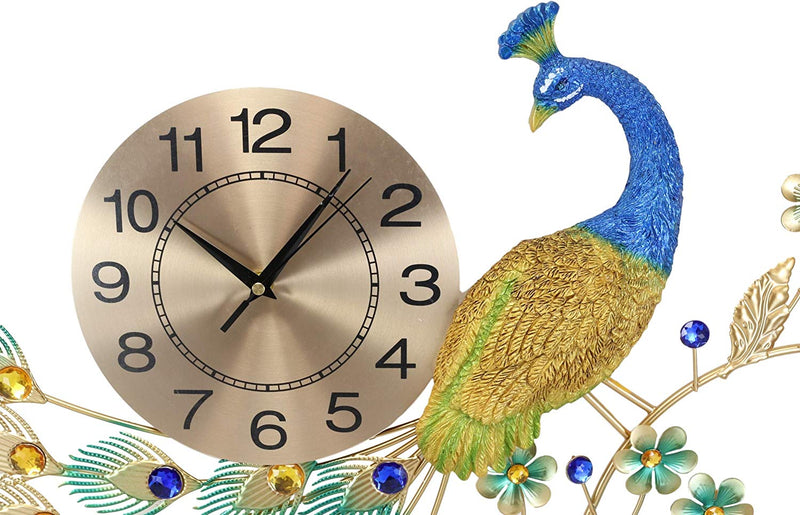 Ebros 30" Wide Large Iridescent Peacock Gold Plated Metal Wall Clock Analog Face - Ebros Gift