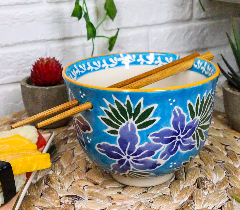 Ebros Pack Of 2 Blue Spring Flowers Ramen Noodles Soup Bowl With Bamboo Chopsticks Set