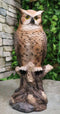 Brown Great Horned Owl Perching On Tree Branch Figurine Nocturnal Bird 14"H