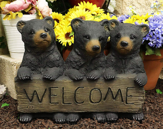 Large Rustic Forest 3 Black Brother Bear Cubs Holding Welcome Sign Statue Decor - Ebros Gift