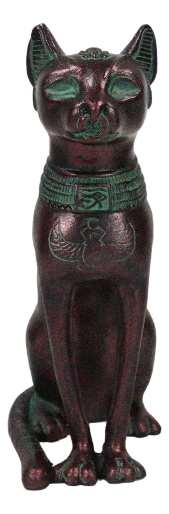 Egyptian Goddess Bastet Cat Sitting Figurine In Rustic Aged Bronze Patina Finish