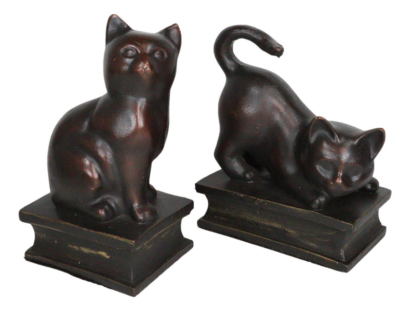 Sitting And Crouching Feline Cat Resin Bookends 7" Tall Abstract Cat Statue Set