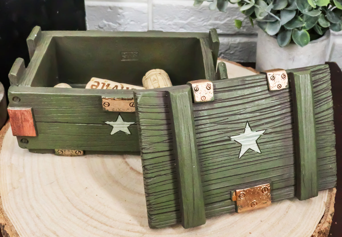 Patriotic Military Style Ammo Crate Utility Faux Wood Decorative Box Figurine