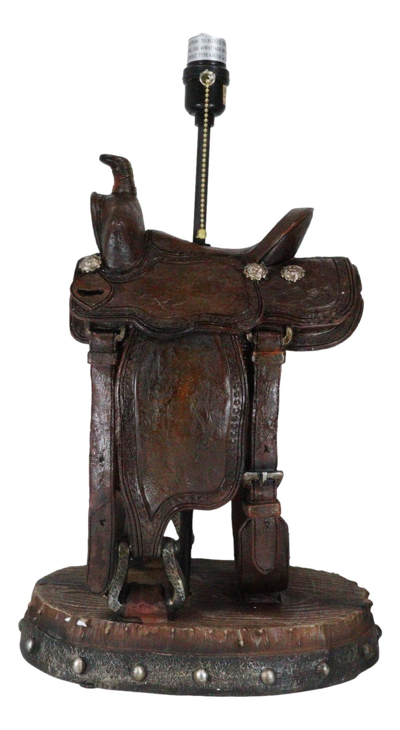 Western Cowboy Faux Tooled Leather Horse Saddle Conchos Buckles Table Lamp Decor