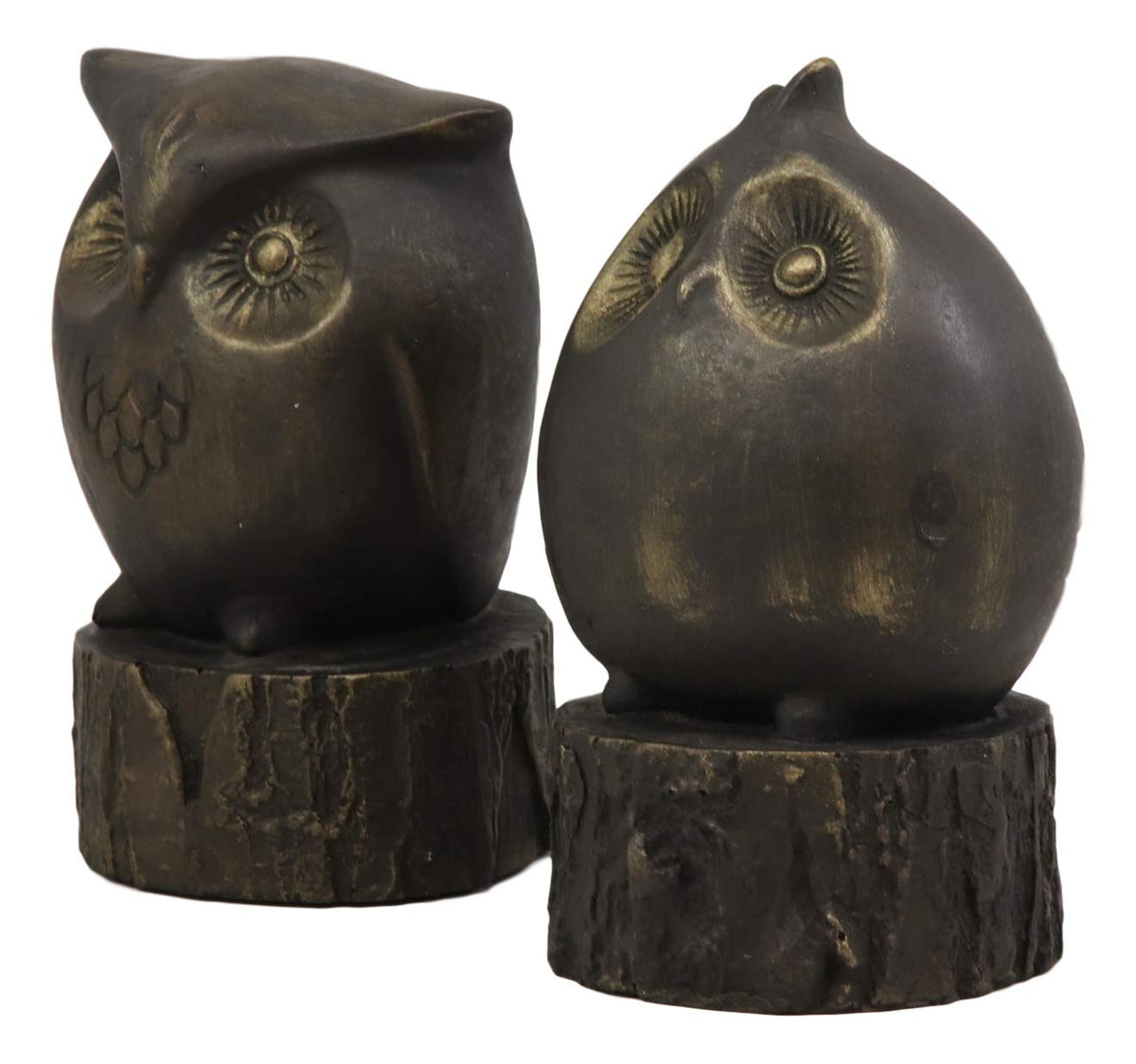 Ebros Gift Wisdom of The Forest Wide Eyed Fat Cupid Owls On Tree Stump Bookends Pair Set Statue Nocturnal Owl Birds Whimsical Decorative Accent for Library Shelves Desktops Countertops Mantelpiece - Ebros Gift