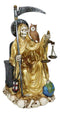 Seated Gold Santa Muerte With Scythe Scales of Justice And Wise Owl Figurine 9"H