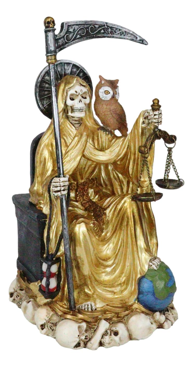 Seated Gold Santa Muerte With Scythe Scales of Justice And Wise Owl Figurine 9"H