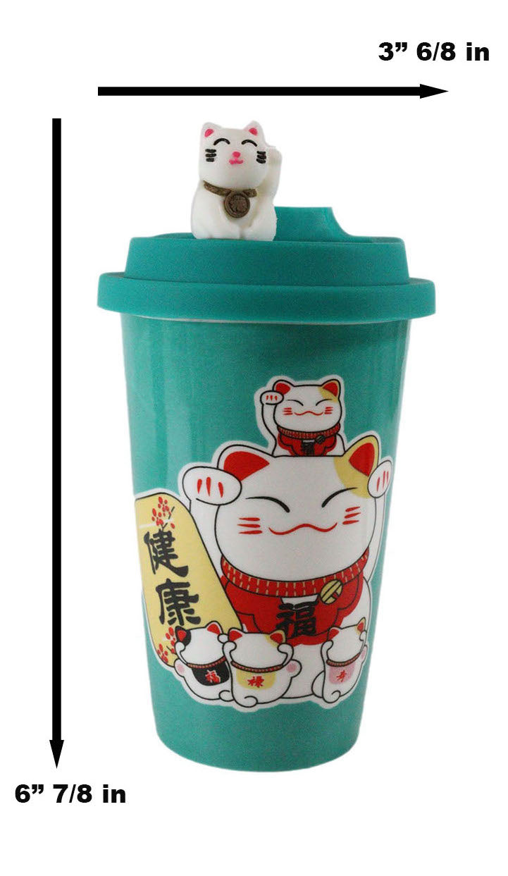 Ebros Gift Lucky Cat Maneki Neko Ceramic Tall Drink Mug Cup With Silicone Lid (Green)