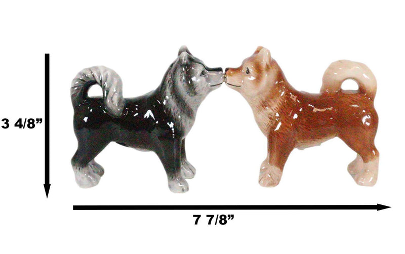 Ebros Animated Dog Siberian Huskies Salt and Pepper Shakers Ceramic Magnetic Figurine Set 4" L Pedigree Dogs Husky Breed Brown and Black Coat Kissing Collectible Figurines Kitchen Decorations - Ebros Gift