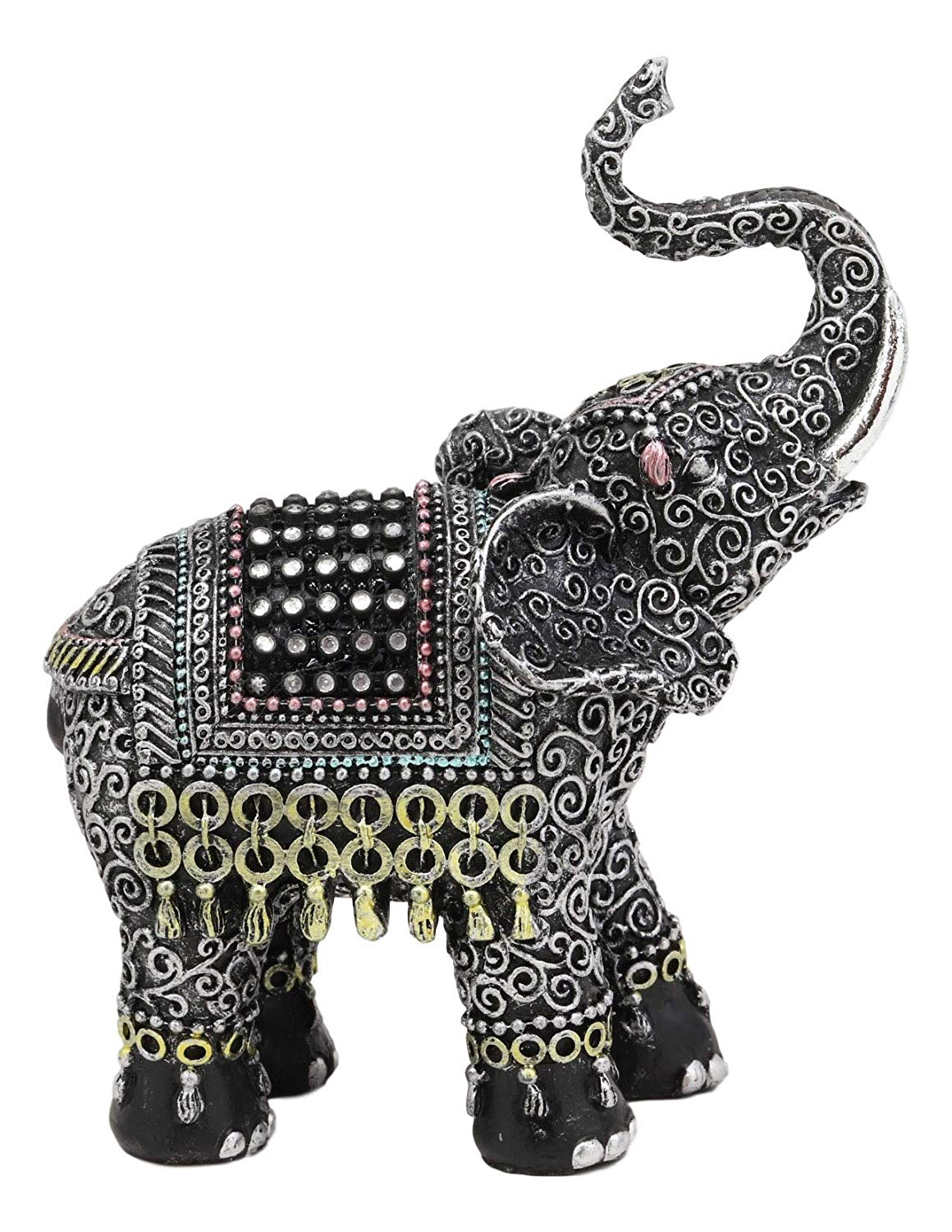 Ebros Feng Shui Scroll Art With Tapestry Pattern Trunk Up Trumpeting Elephant Statue - Ebros Gift