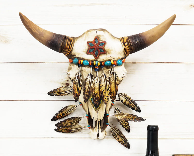 Southwest Turquoise Tribal Indian Feathered Bull Cow Skull Wall Decor Plaque