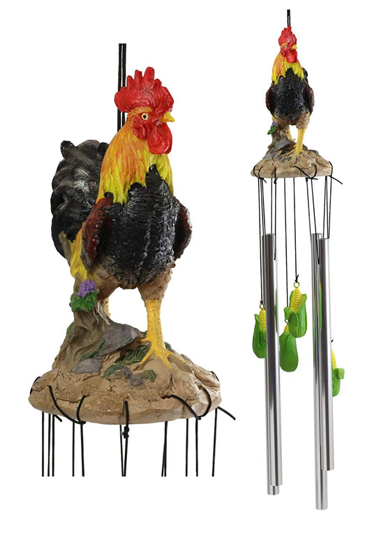 Country Western Farm Morning Crop Patrol Rooster Chicken Figurine Wind Chime - Ebros Gift