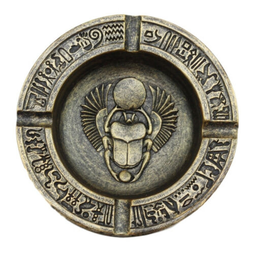 Egyptian Hieroglyphs Ankh Dual Cobra Winged Scarab Ashtray Figurine 4"Diameter