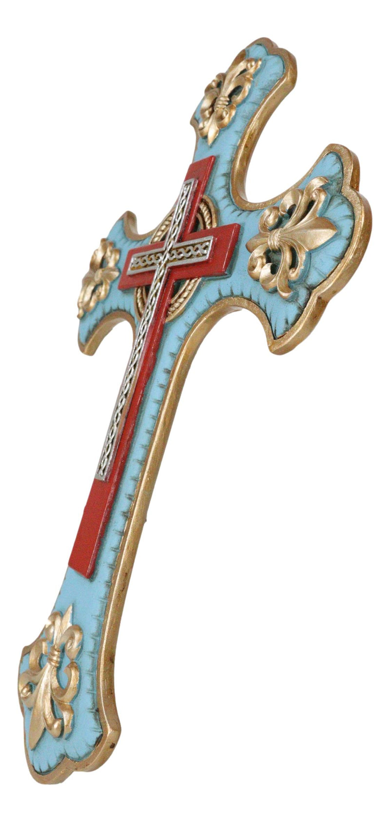 Southwestern Rich Turquoise Gold Tuscan French Fleur De Lis Wall Crucifix Cross