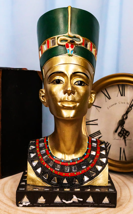 Ebros Golden Ancient Egyptian Queen Nefertiti Bust Statue 9.75" Tall Wife of Pharaoh Akhenaten - Ebros Gift