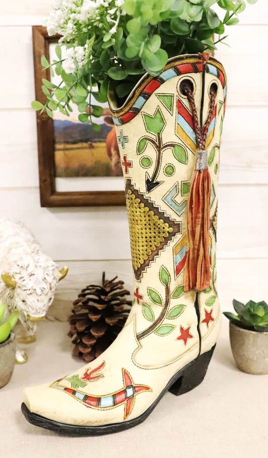 Rustic Western Crosses Arrows Stars Tassel Frills Cowgirl Boot Vase Figurine - Ebros Gift