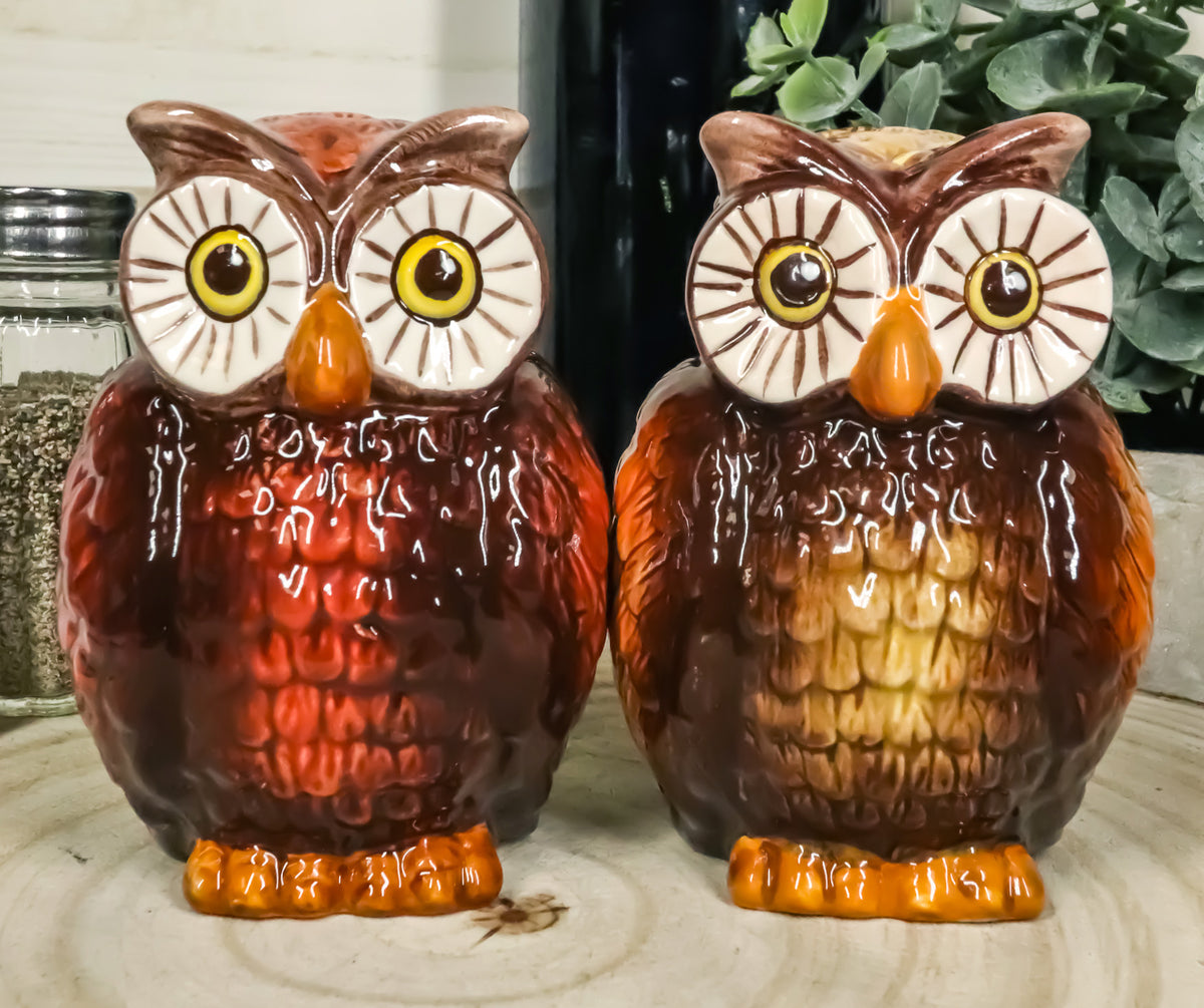 Nocturnal Tropical Great Horned Owl Couple Ceramic Salt Pepper Shakers Figurines - Ebros Gift
