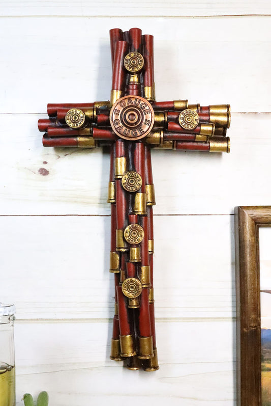 Rustic Western Piled Red And Gold 12 Gauge Shotgun Bullet Casings Wall Cross