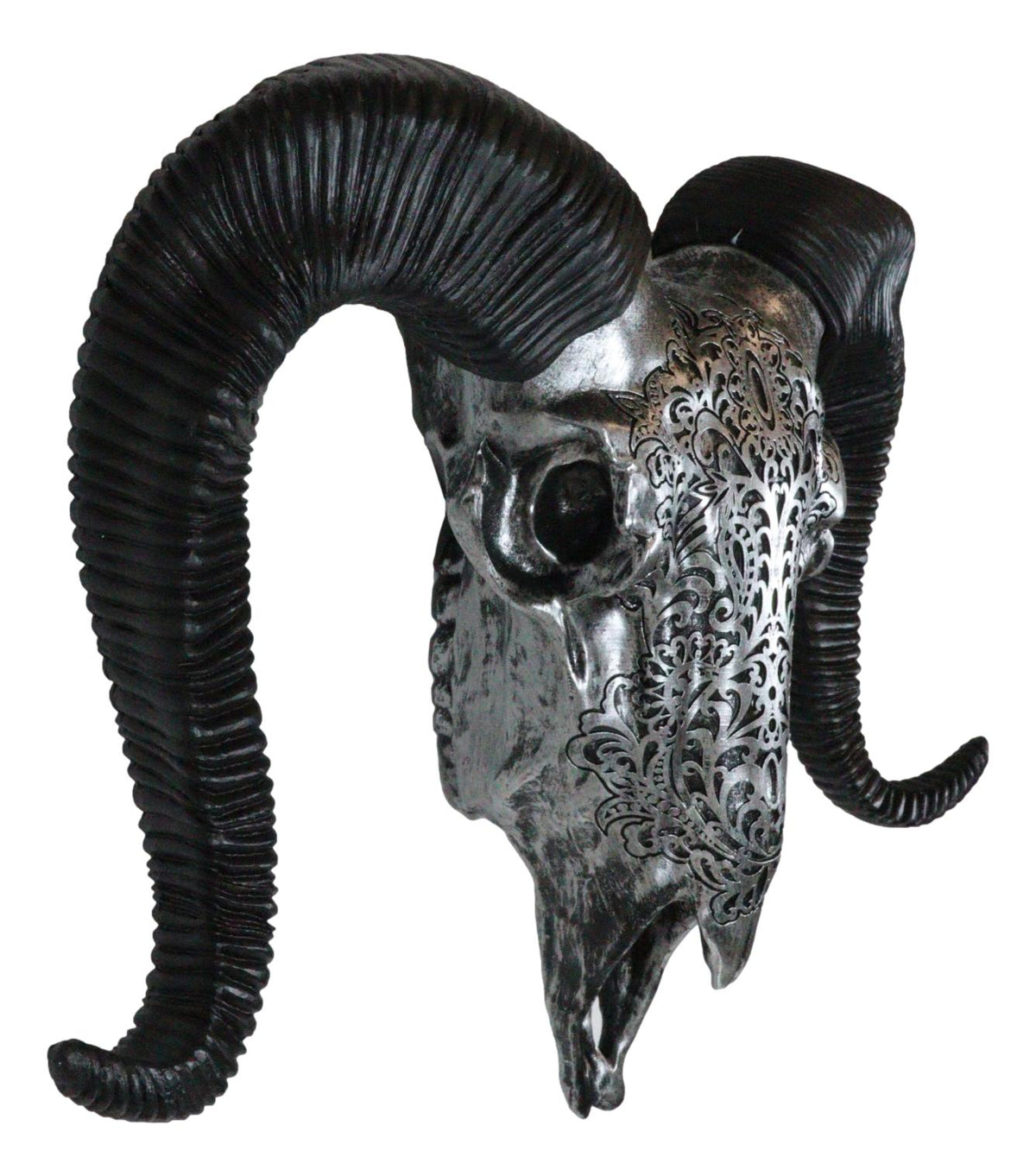 Silver Tribal Floral Scroll Tooled Filigree Corsican Ram Skull Wall Decor 11"W