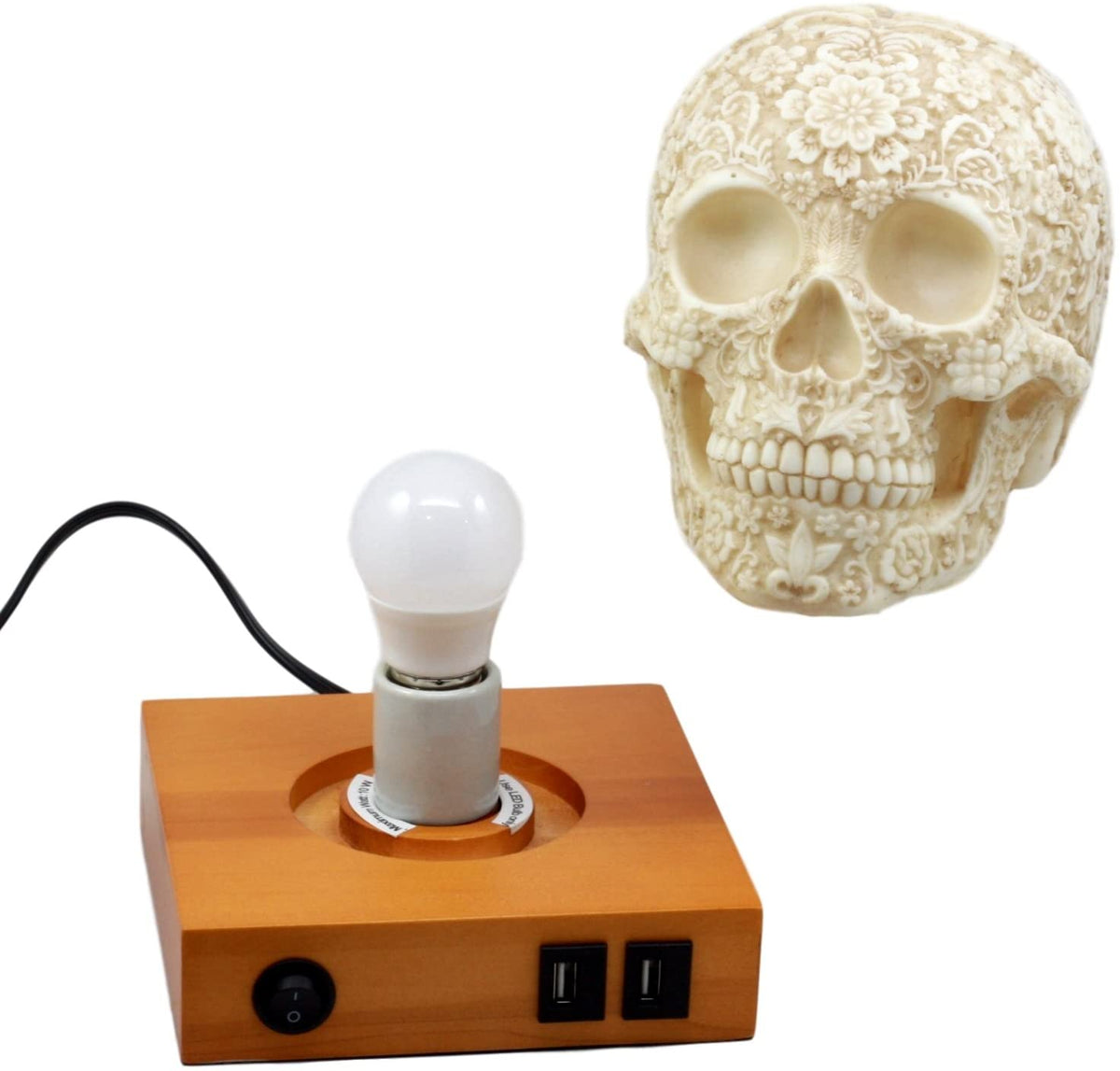 Ebros Day of The Dead Floral Skull Side Table LED Night Light Statue With Two USB Charging Dock On Wood Base