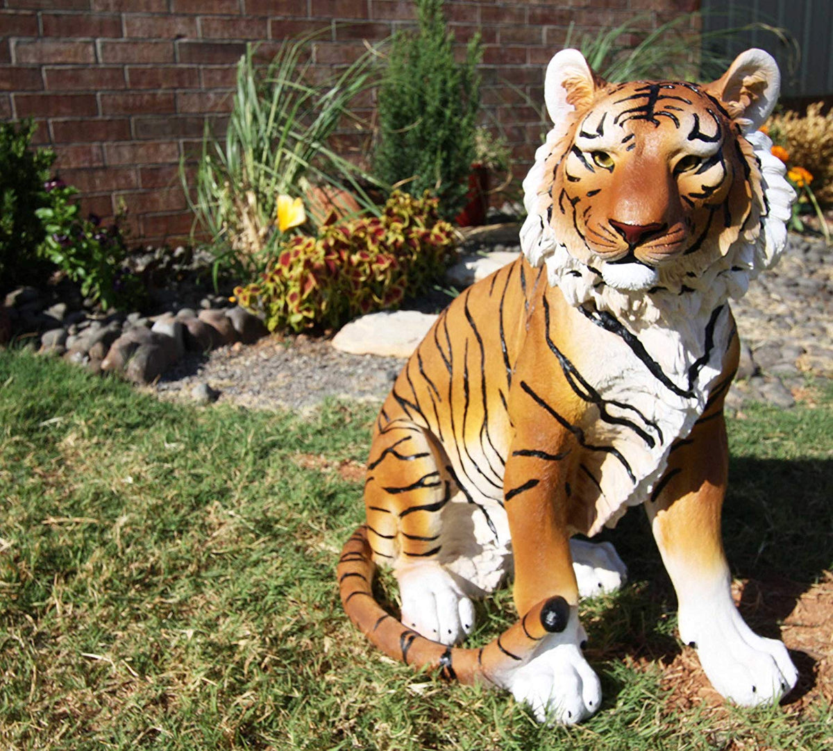 20"Tall Orange Bengal Tiger Raja Sitting On Guard Decorative Garden Statue - Ebros Gift