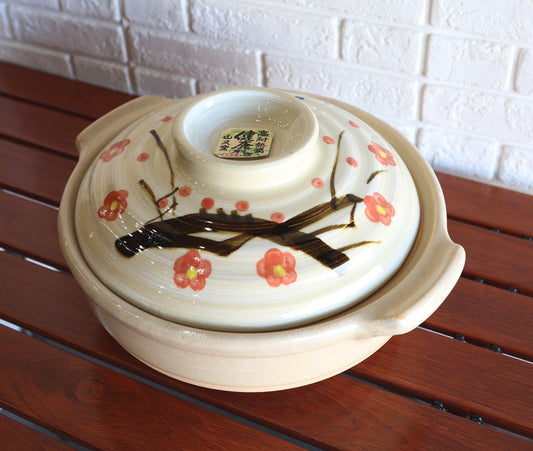 Japanese Cherry Blossom Donabe Stoneware Hot Clay Pot Casserole With Lid 90 FLOZ - Ebros Gift