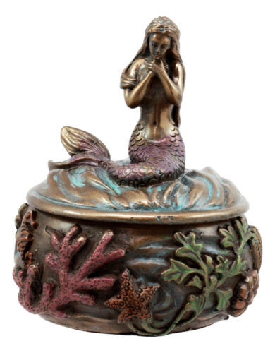Mermaid Tefiti Praying Round Jewelry Box Figurine Small Nautical Starfish Coral