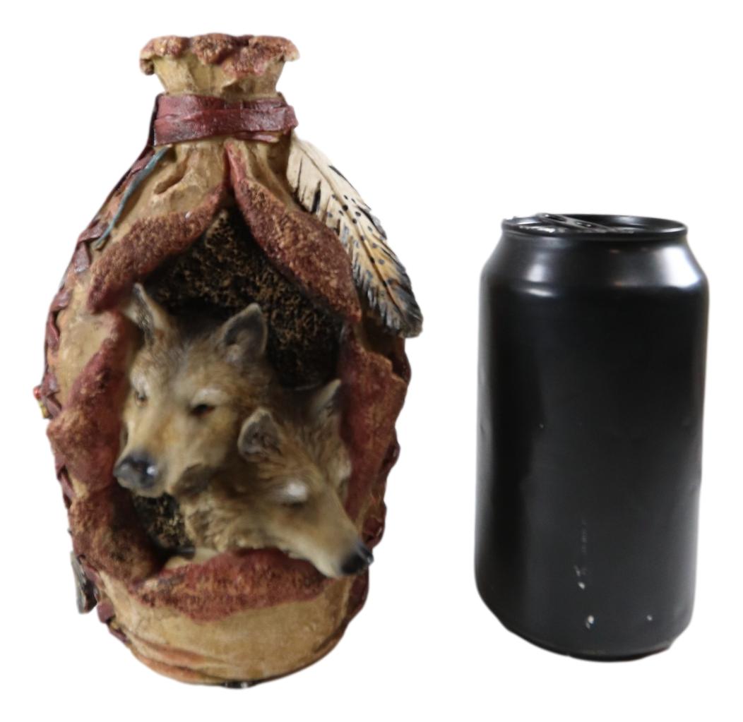 Rustic Southwestern Indian 2 Wolves Dreamcatcher Feathers Floral Vase Sculpture