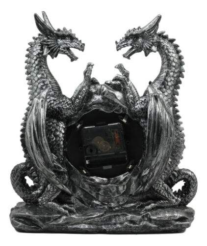 Gothic Twin Dragons Table Clock Statue With Roman Numerals In Metallic Look 11"H