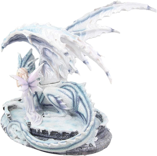 Ebros Large 15" Long Winter Blizzard Fairy with Giant White Dragon Statue