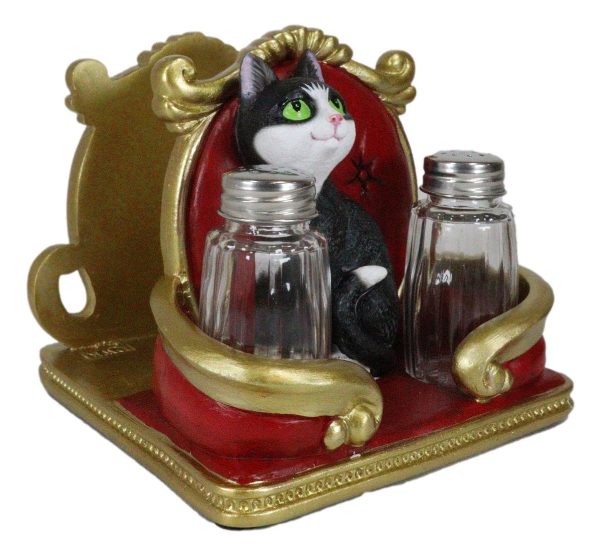 Royal Service Black and White Tuxedo Cat Napkin And Salt Pepper Shakers Holder - Ebros Gift