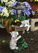 Ebros Colorful Jungle Frolick Climbing Tiger Cubs Chasing Toucan Bird with Welcome Sign and LED Solar Lantern Outpost Statue 18.5" Tall Path Lighter Patio Garden Home Decor Figurine (White Siberian)