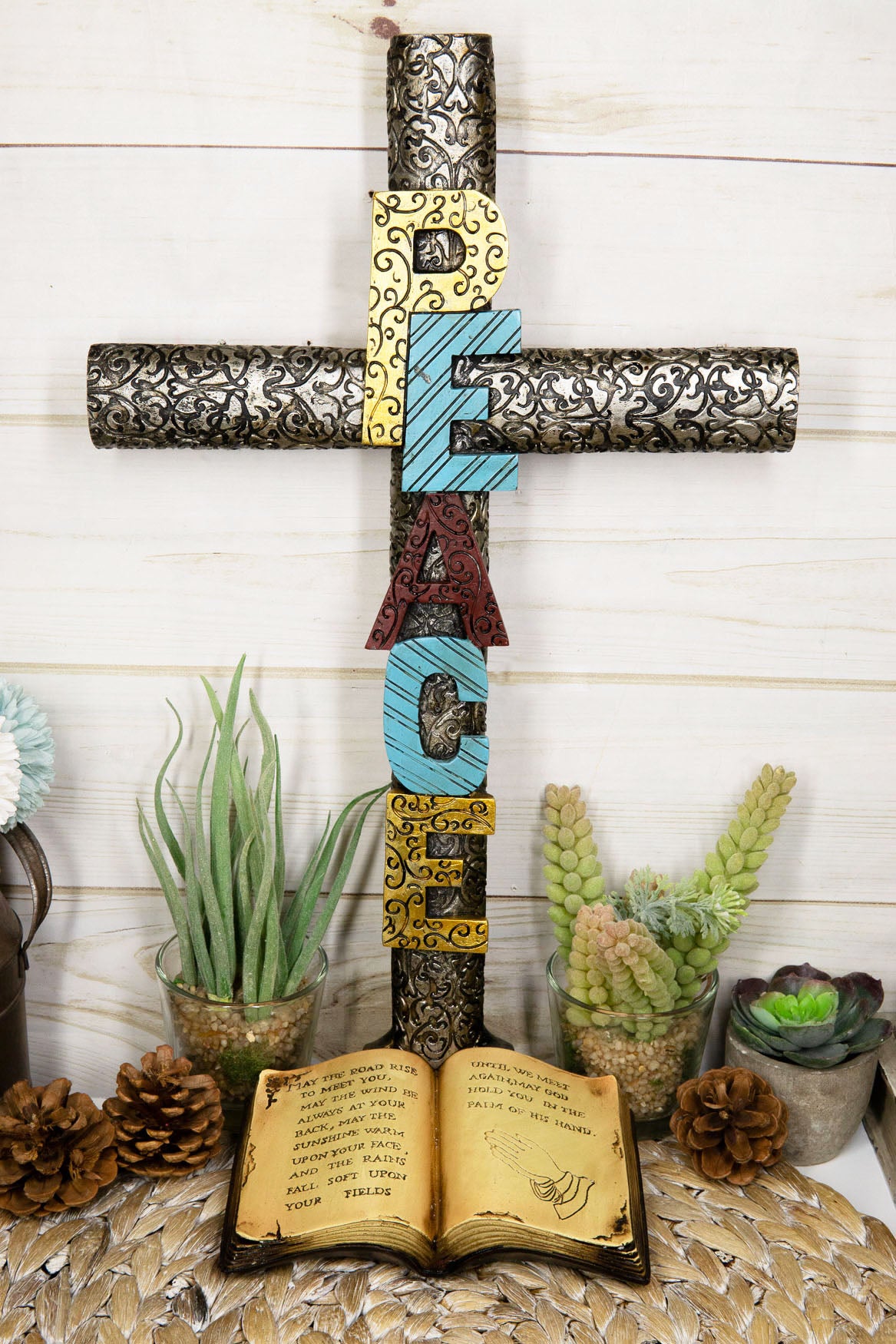 Silver Scroll Filigree Peace Word Sign Standing Cross Desktop Plaque Figurine