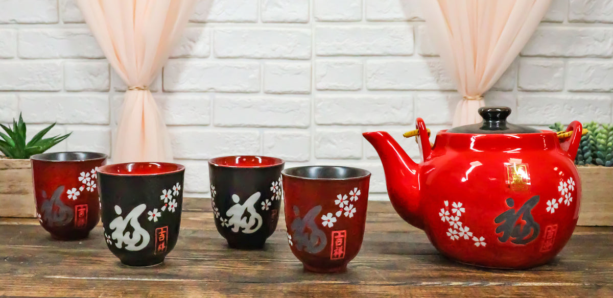 Sakura White Japanese Cherry Blossoms Porcelain Red Tea Pot 42oz And 4 Cups Set - Ebros Gift