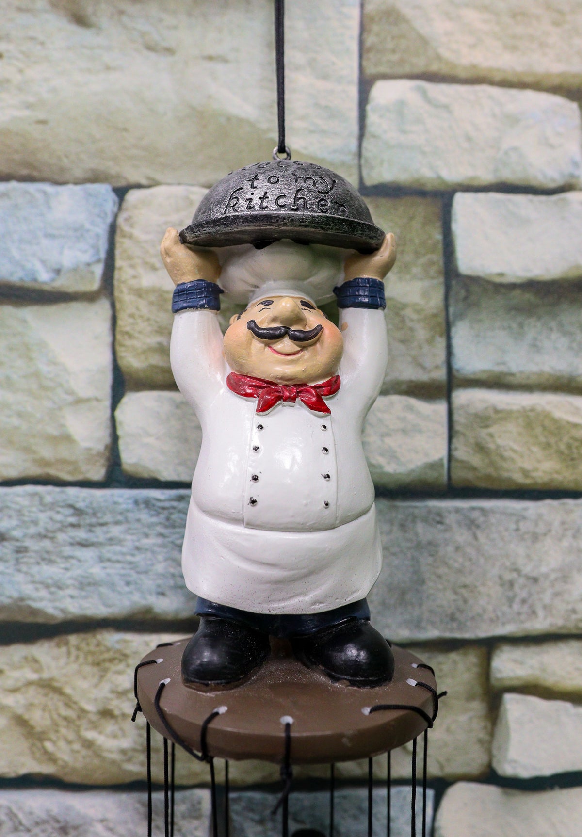 Ebros Gift Chef Cordon Bleu Lifting Cloche Dome Welcome to My Kitchen Figurine Crown Top Resonant Wind Chime with Miniature Ponies Ornaments for Garden Patio Home Decorative Accent Hospitality Cooks