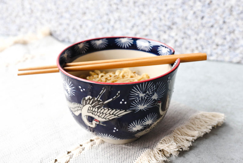 Japanese White Storks In Dark Blue Sky Ramen Soup Bowl With Chopsticks Set