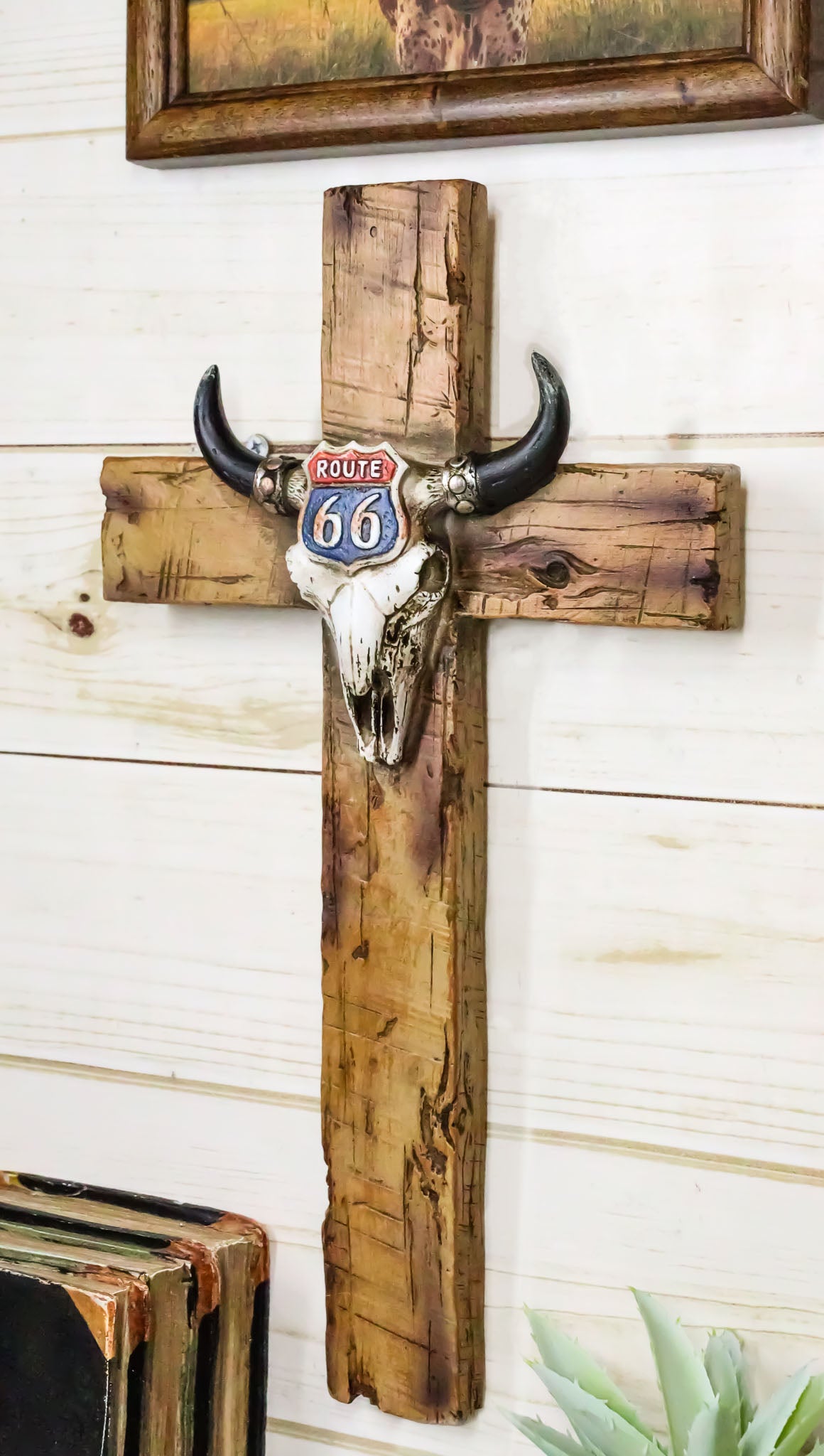 Rustic Western Cow Skull Nostalgic Route 66 Highway Sign Faux Wooden Wall Cross