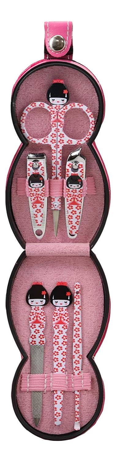 Ebros Gift Traditional Japanese Kokeshi Girl Doll Travel Portable Case Manicure Pedicure Set 6 Piece Stainless Steel Grooming Tools Nail Clippers Scissors Filers Ear Pick Tweezer (White Kimono)