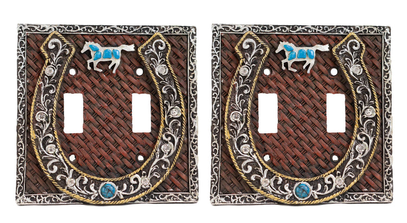 Set of 2 Western Horseshoe Turquoise Mustang Wall Double Toggle Switch Plates