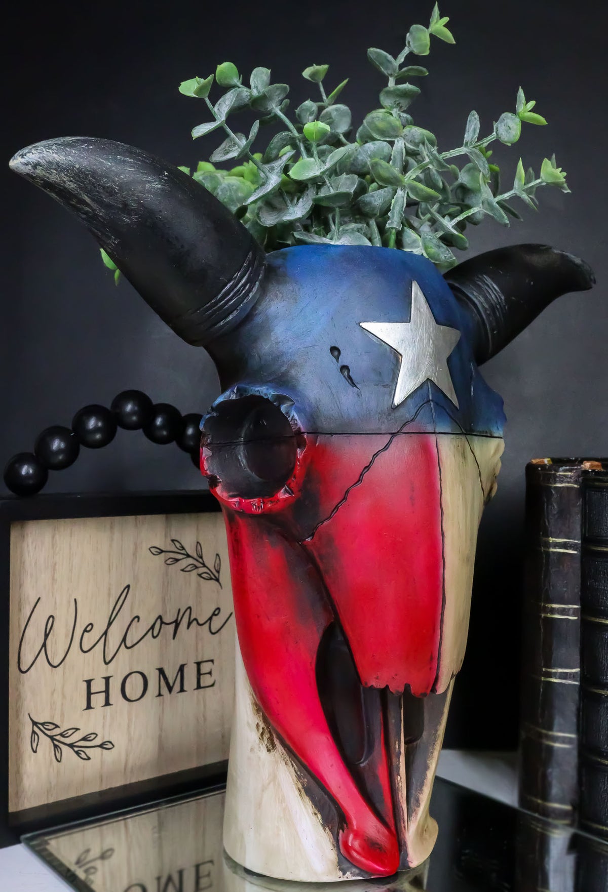 Western Patriotic Texas State Flag Lone Star Rustic Cow Skull Vase Planter Decor